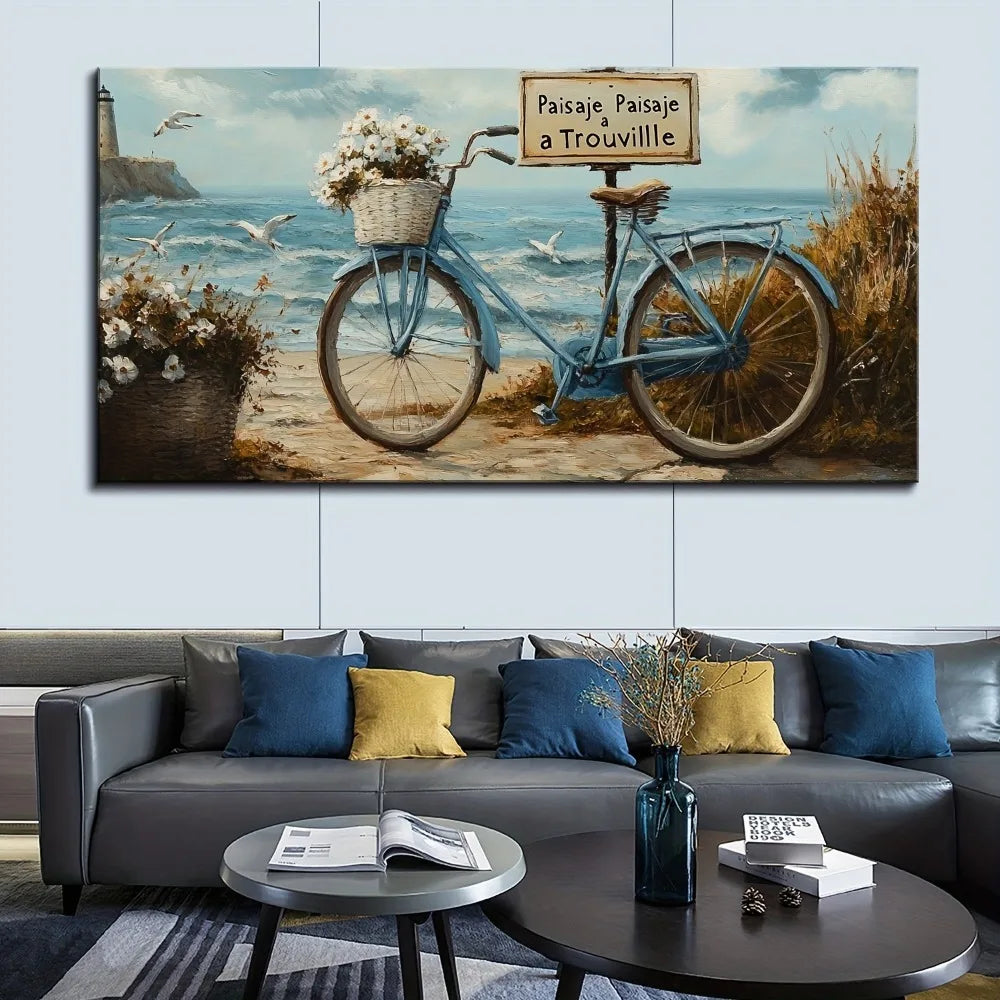 1.5 inch thick pine solid wood frame, white lighthouse, beach, waves, ocean, seascape, nature landscape hanging picture