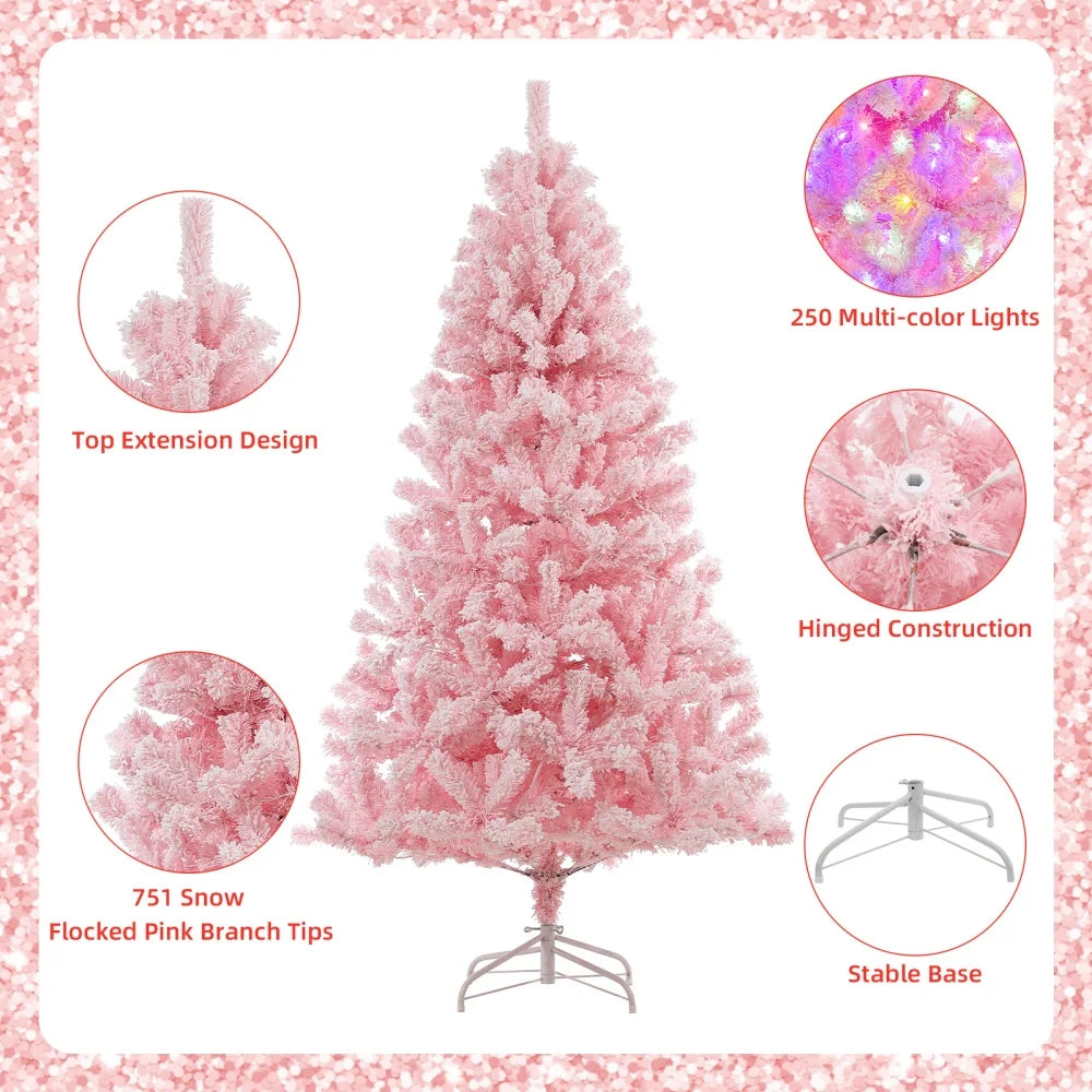 6Ft Pink Pre-Lit Christmas Tree, Snow Flocked Artificial Christmas Tree with 250 & Multi Color Led Lights, Fake Xmas Tree
