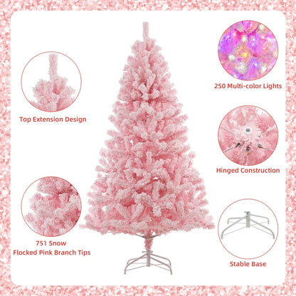 6Ft Pink Pre-Lit Christmas Tree, Snow Flocked Artificial Christmas Tree with 250 & Multi Color Led Lights, Fake Xmas Tree