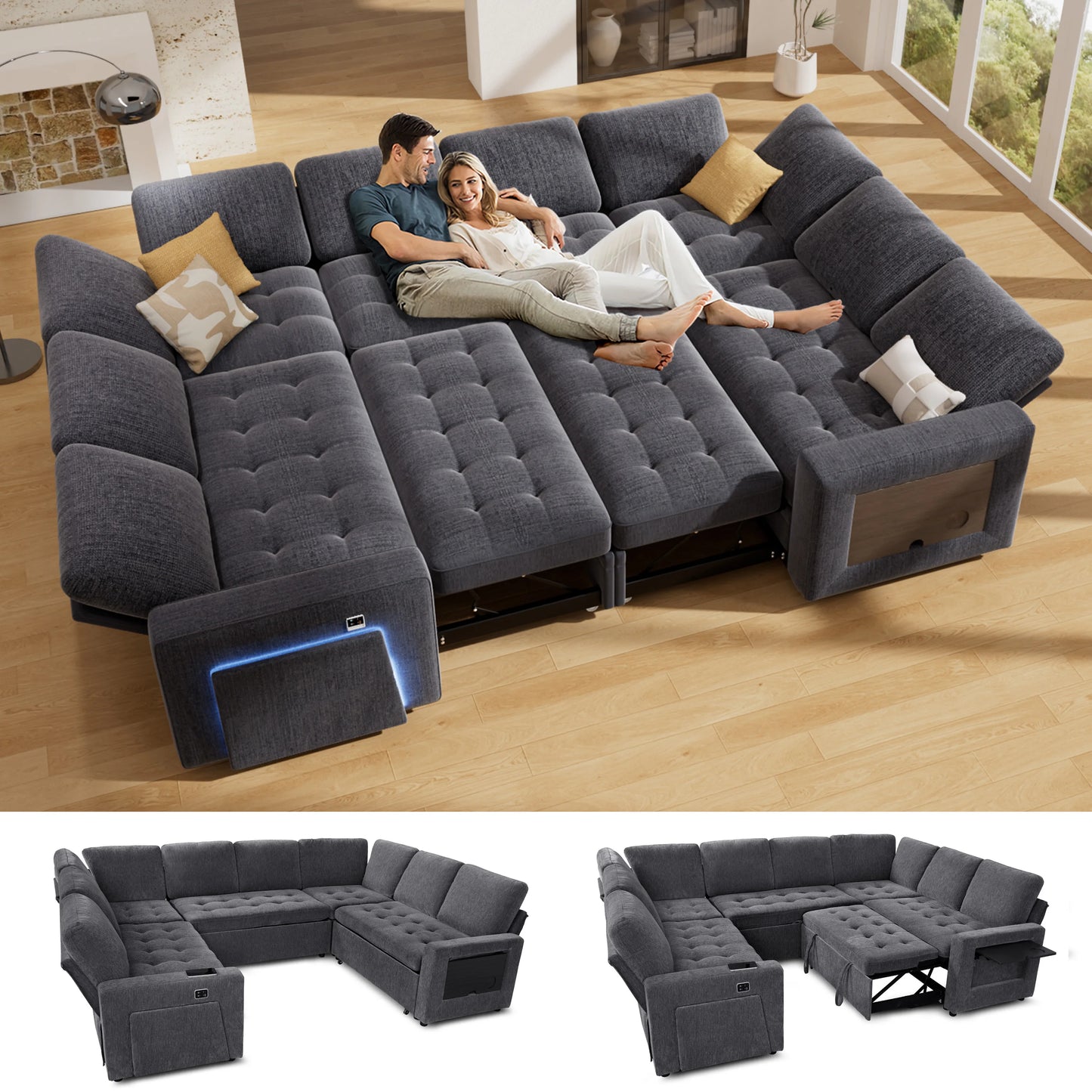 Large U-Shaped Modular Sectional (8-Seat) - Pull Out Bed Sleeper, Reclining Backrest, USB Ports, LED Light, Storage Seat
