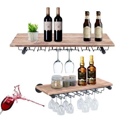 Wine Rack, Wall-Mounted, Black & Pine Wood, Rustic Design with Glass Storage, Spacious Shelf for Wine Bottles & Collectibles