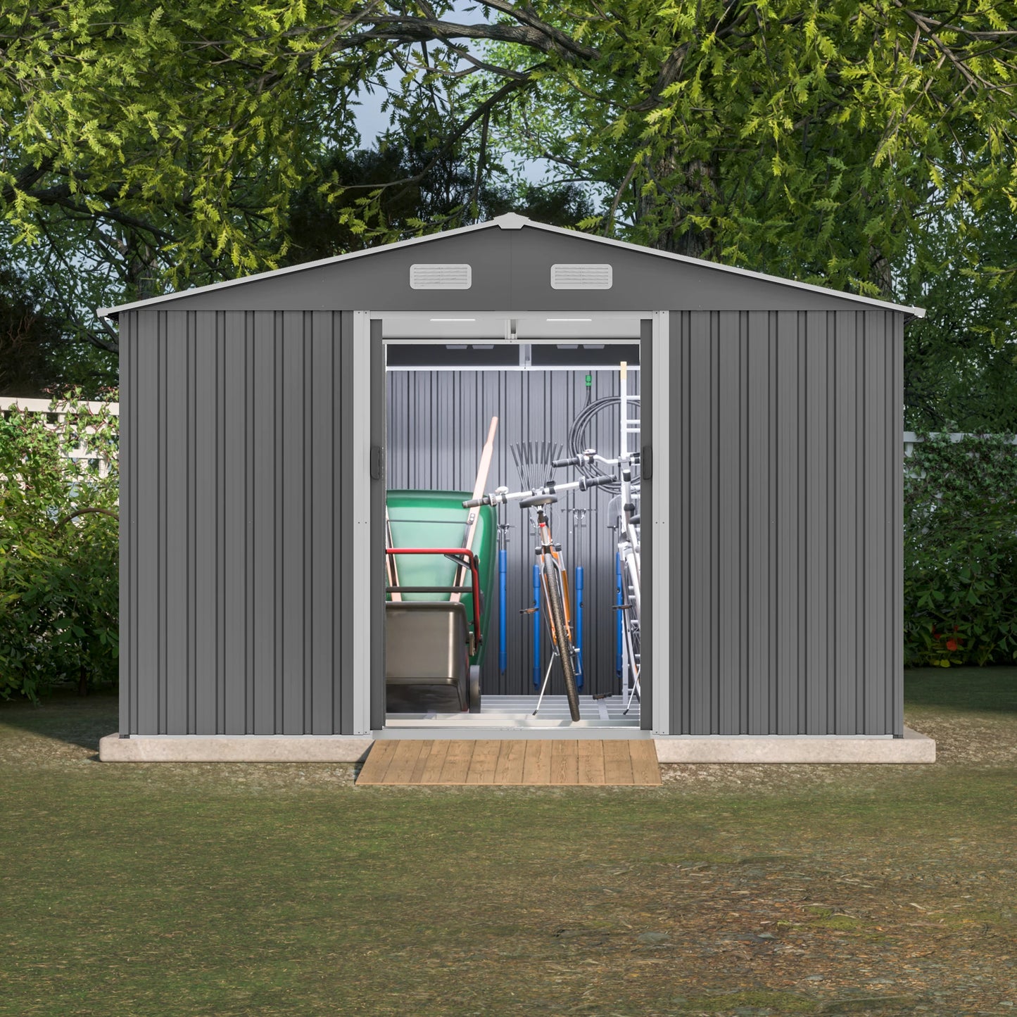 Outdoor Tool Storage Shed with Metal Foundation Lockable Doors All Weather Metal Sheds for Garden Patio Backyard Lawn Gr