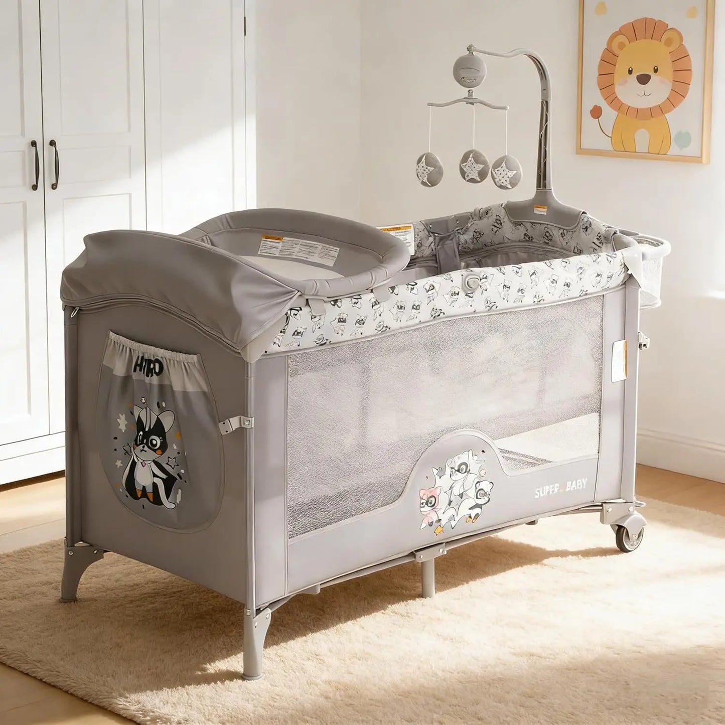 4 in 1 Baby Toddlers Bassinet Bedside Sleeper Portable Pack and Play with Changing Table,Locking Wheels,Zip Door,Storage Toy Bar