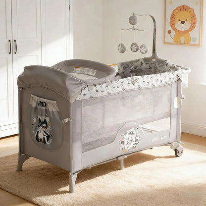 4 in 1 Baby Toddlers Bassinet Bedside Sleeper Portable Pack and Play with Changing Table,Locking Wheels,Zip Door,Storage Toy Bar