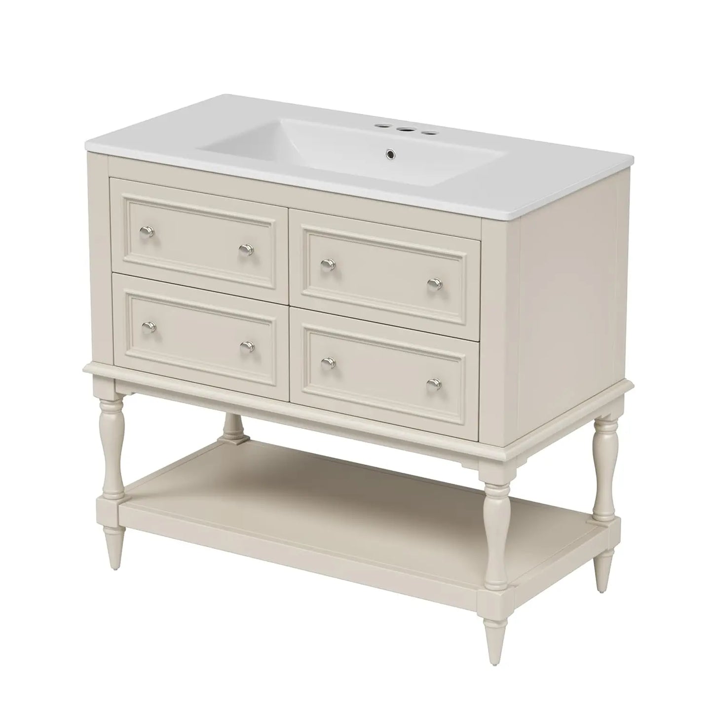 Bathroom Vanity with Sink Farmhouse Storage Cabinet 4 Drawers Open Shelf Solid Wood Frame