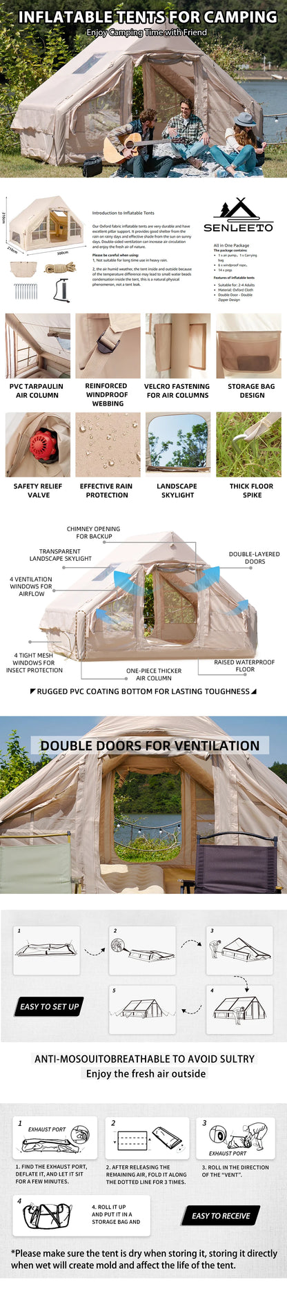 Camping Tent with Pump, Glamping Tents, Easy Setup 4 Season Waterproof Windproof