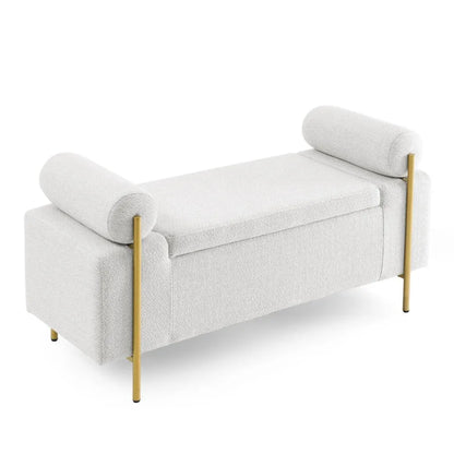 Elegant Upholstered Linen Storage Bench with Cylindrical Arms and Iron Legs for Hallway Living Room Bedroom White