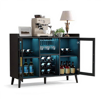 Wine Bar Cabinet With Led Lights & Glass Holder, Freestanding Sideboard With Wine Rack For Dining Room Kitchen Storage
