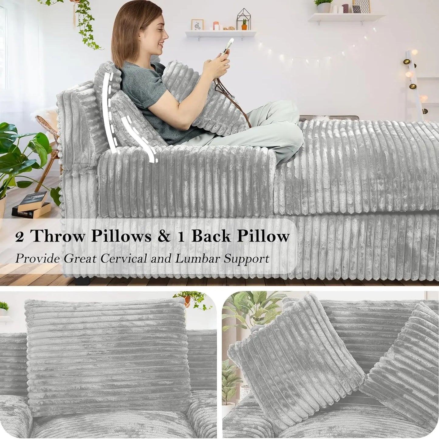 Adjustable Backrest Chaise Lounge Sofa Bed w/ Lumbar Pillows Upholstered Sleeper for Living Room Bedroom Office