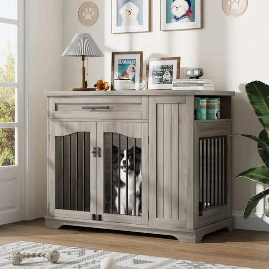 Furniture Style Dog Crate Heavy Duty Wooden Dog Kennel With Drawer Side Storage & Built-in Feeding Station For Pets