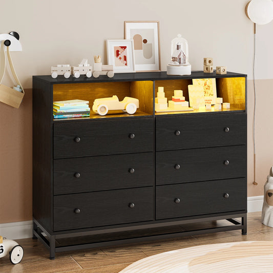 Modern Wooden Chest of Drawers for Bedroom Living Room with LED Light Charging Station 6 Drawers with Open Space Storage