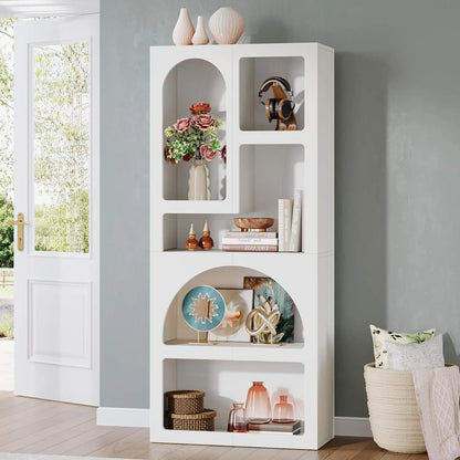 Tall Geometric Bookshelf, White Arched Bookcase with 5 Irregular Storage Shelves,Free-Standing for Living Room, Bedroom