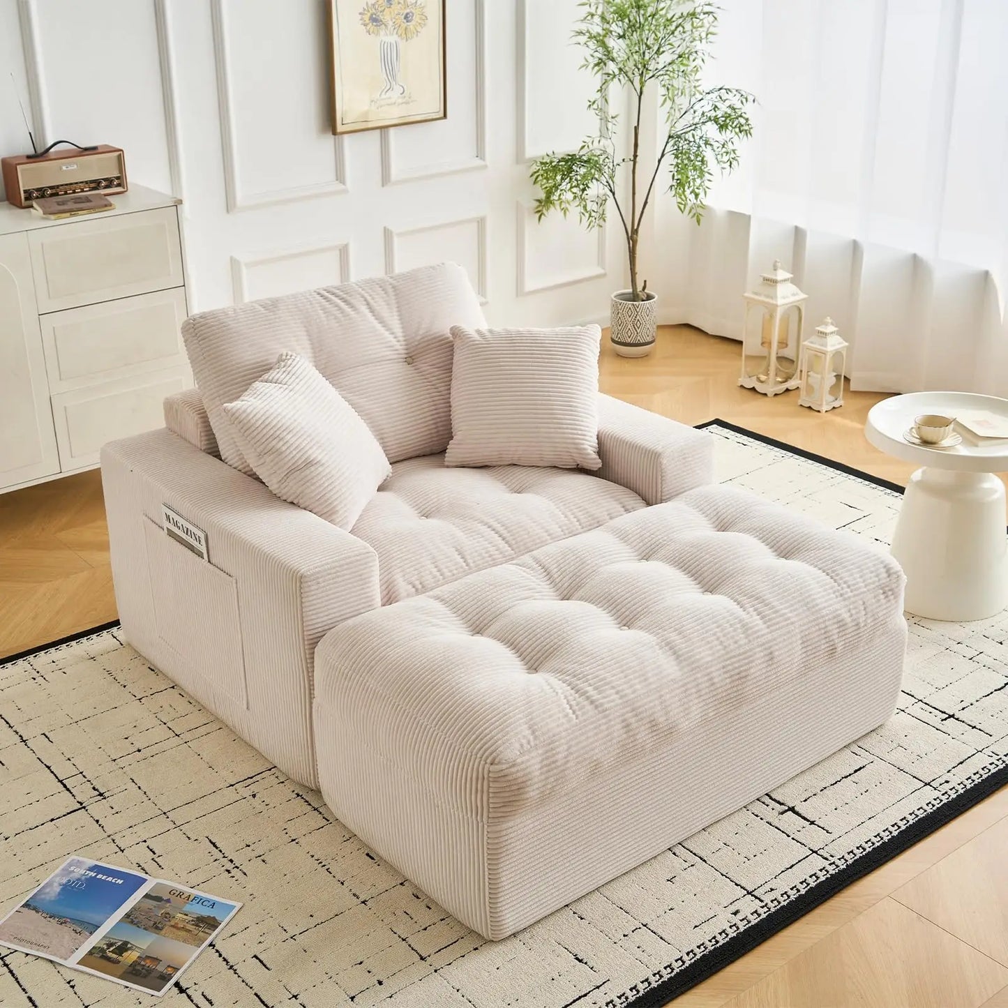 Cloud Chaise Lounge Indoor with Ottoman, Oversized Corduroy Sleeper Sofa Chair, Deep Seat Reading Couch, 2 Pillows