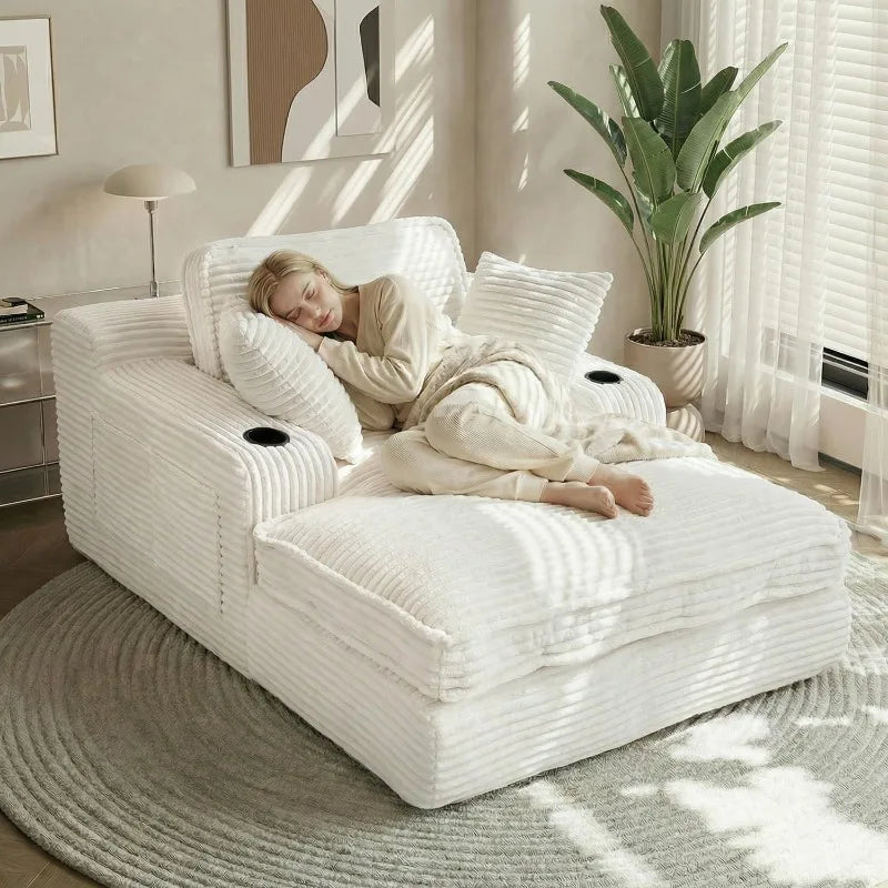 Oversized Chaise Lounge Chair Indoor, Soft Boneless Cloud Couch with 3 Pillows, 4 Side Pockets and 2 Cup Holders, Comfy Corduroy