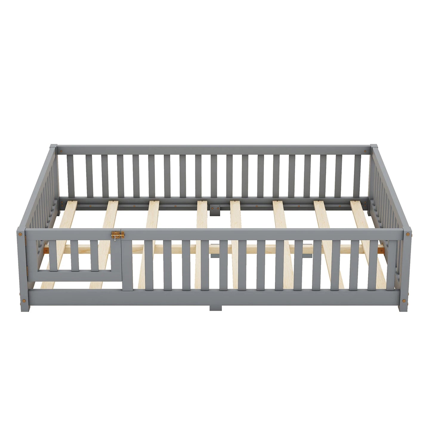 Toddler Floor Bed Frame with Safety Guardrails Doors Wood Slat Support Bed Detachable Platform Bed for Kids Bedroom Nursery