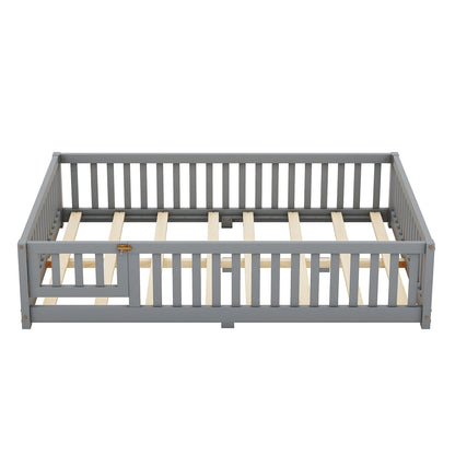 Toddler Floor Bed Frame with Safety Guardrails Doors Wood Slat Support Bed Detachable Platform Bed for Kids Bedroom Nursery