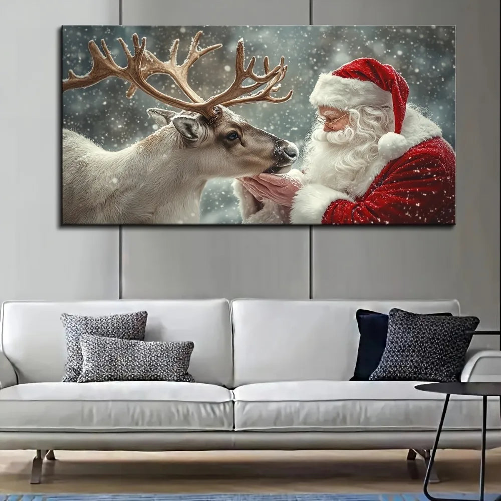 Christmas Miracle Warm Santa and elk hanging canvas art, vivid Christmas decorations, 1.5 inch thick pine solid wood frame