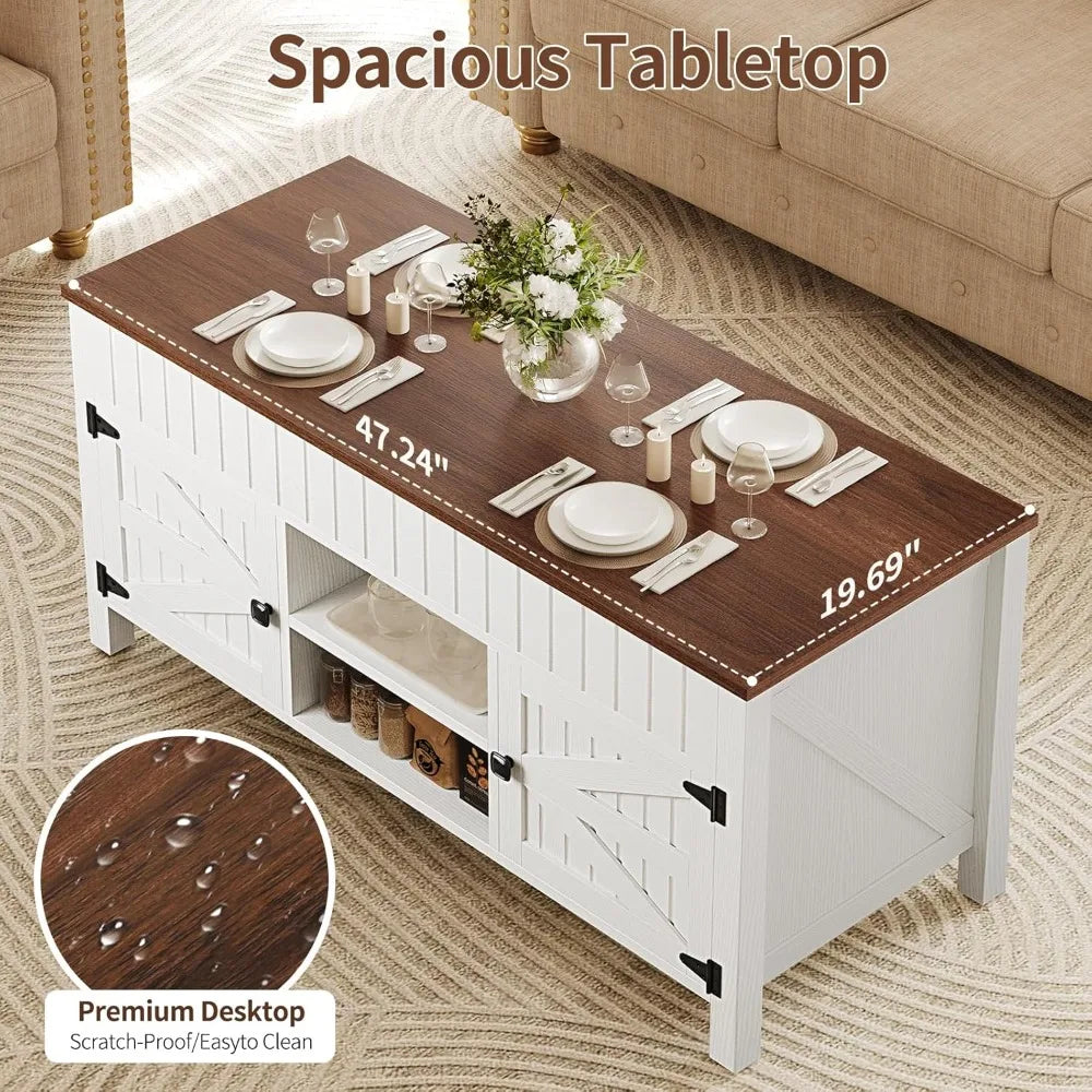 Lift Top Coffee Table with Storage - White Coffee Tables for Living Room, Farmhouse Wood Center Table