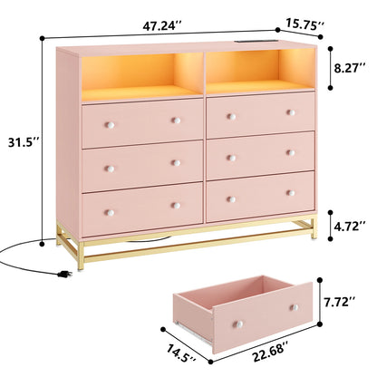 Modern Wooden Chest of Drawers for Bedroom Living Room with LED Light Charging Station 6 Drawers with Open Space Storage