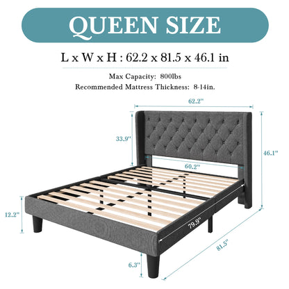 Classic Bed Frame with Button Tufted Wingback Headboard Platform Bed