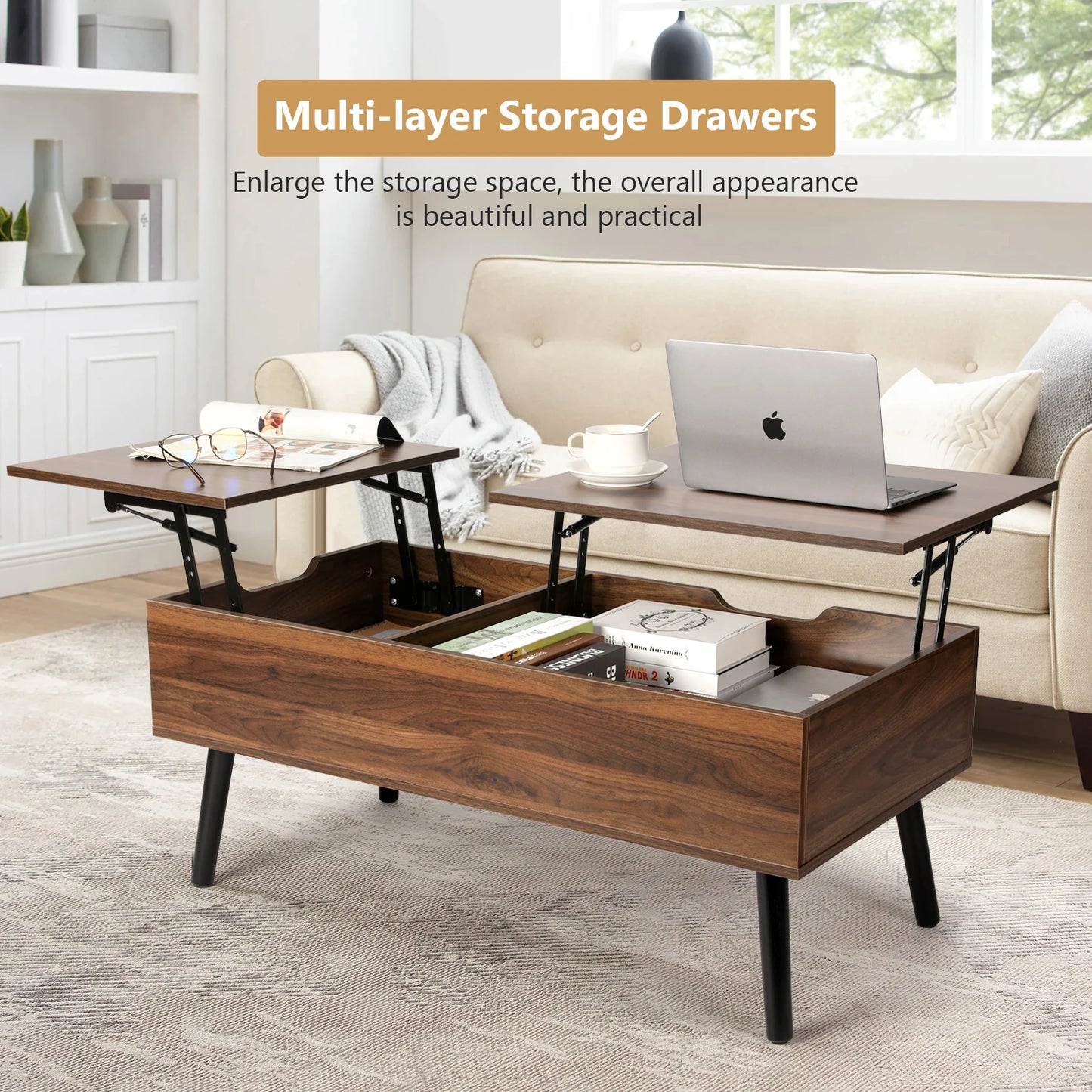 Lift Top Coffee Table with Separate and Hidden Storage Compartment, Double Lift Table Top for Home Living Room