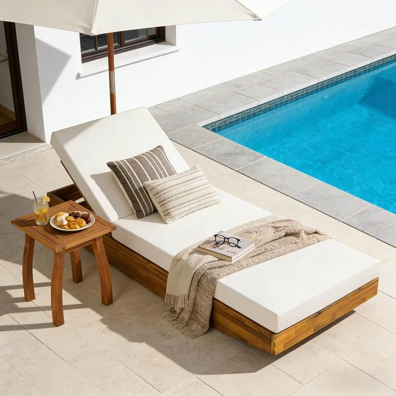 Wood Chaise Lounge with Cream Water-Repellent Cushion, 79.6" L x 29" W, 300 lbs Capacity