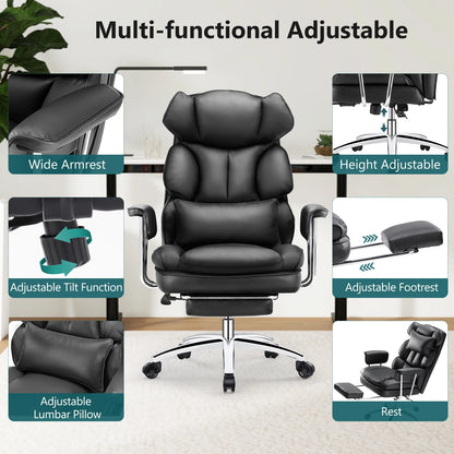 Leather Ergonomic Computer Desk Chair High Back with Footrest Lumbar Support Height Adjustable For Home Office