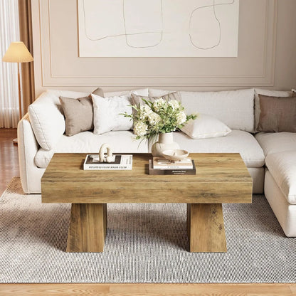 Farmhouse Coffee Table 47Inches, Wooden Rectangular Accent Center Table, Modern Low Cocktail Tea Living Room Furniture