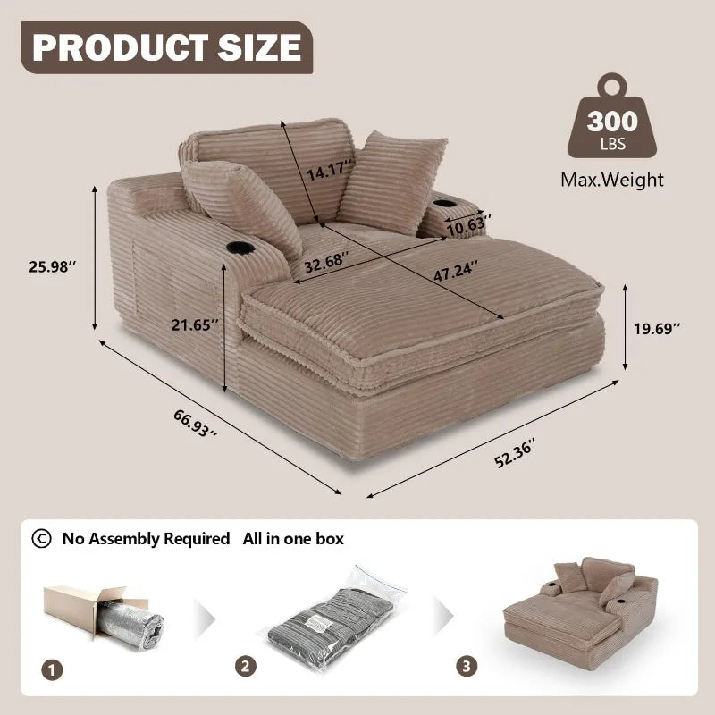 Oversized Chaise Lounge Chair Indoor, Soft Boneless Cloud Couch with 3 Pillows, 4 Side Pockets and 2 Cup Holders, Comfy Corduroy
