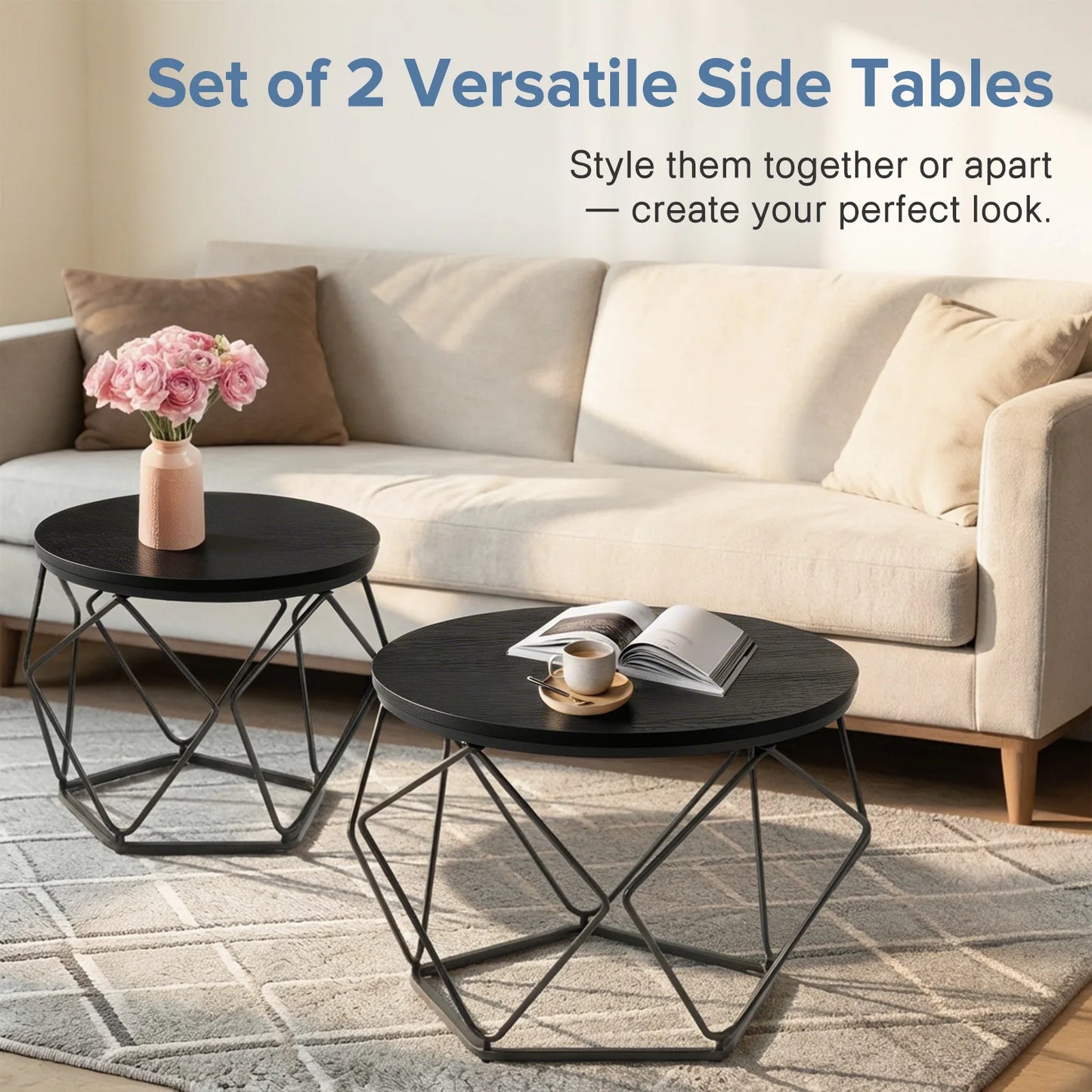 Round Geometric Coffee Table Set of 2 Movable End Tables for Living Room Nesting Side Tables with Hidden Storage