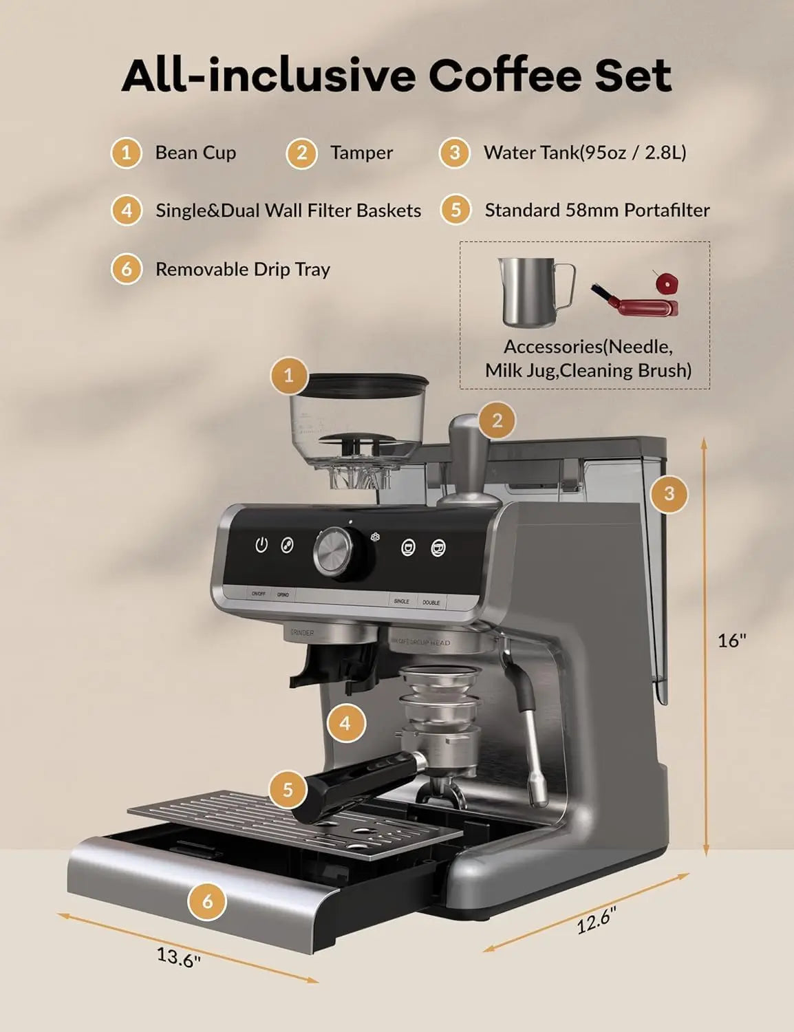 Espresso Coffee Machine 1450W Semi-Automatic Espresso Maker with Grinder for Latte Cappuccino