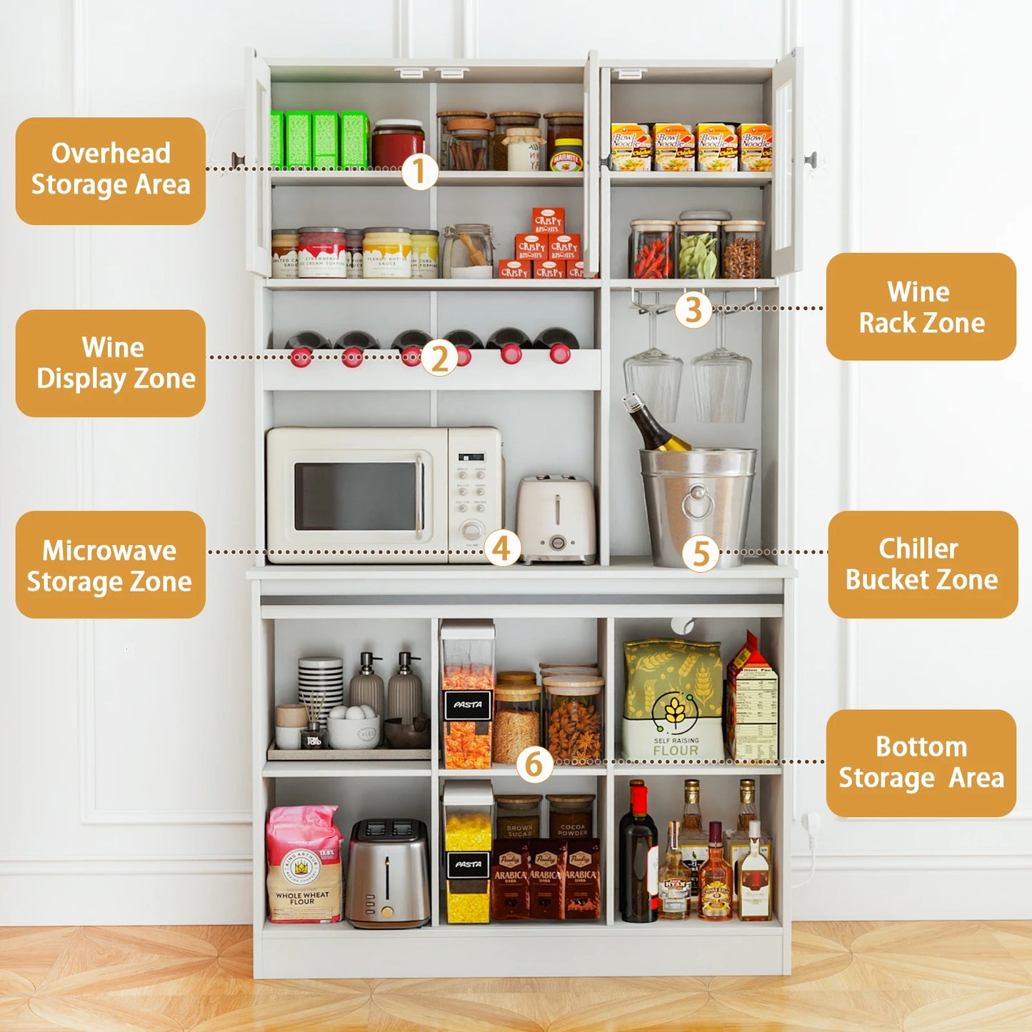 Kitchen Pantry Storage Cabinet | Tall Freestanding Hutch with Microwave Stand, Power Outlet, Buffet Cupboard & Glass Doors,