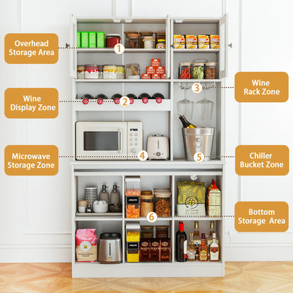Kitchen Pantry Storage Cabinet | Tall Freestanding Hutch with Microwave Stand, Power Outlet, Buffet Cupboard & Glass Doors,