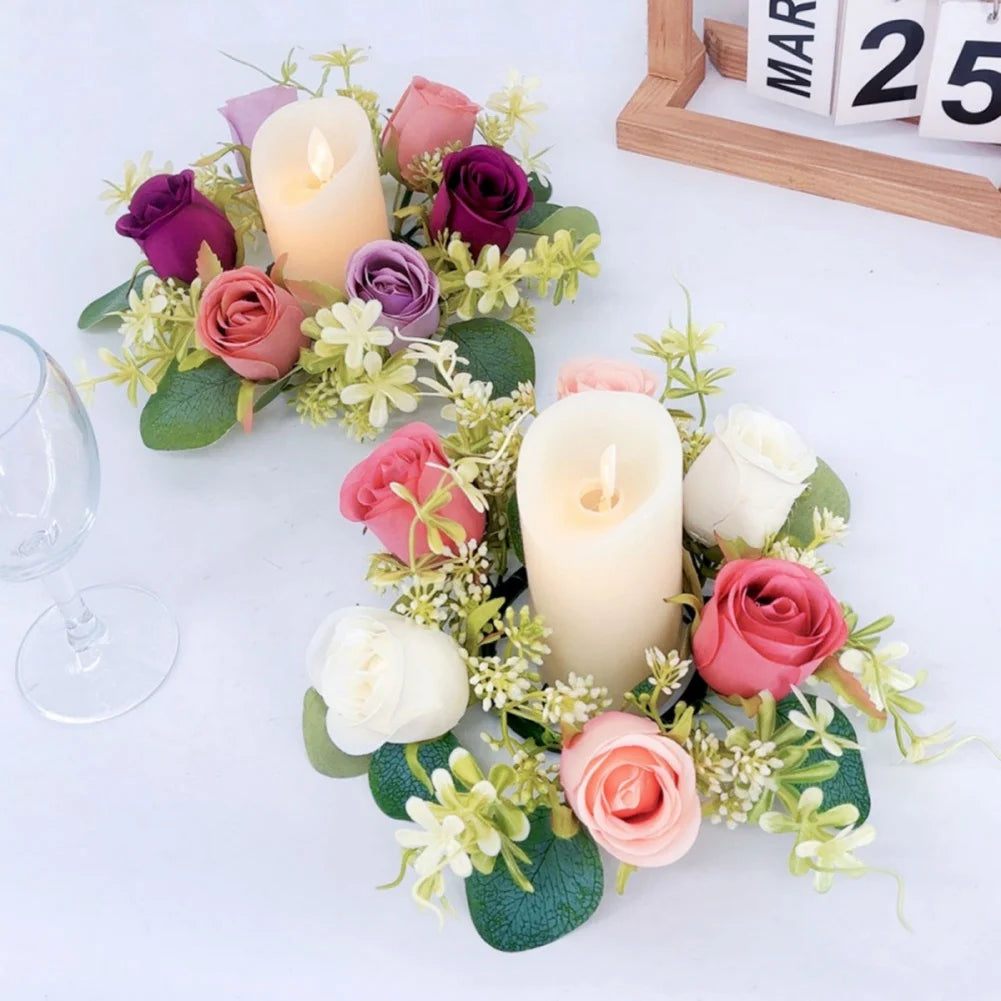 Candle Rings Candlestick Garland Artificial Rose Wreath Christmas Decoration Window Props Table Wedding Event Arrangement