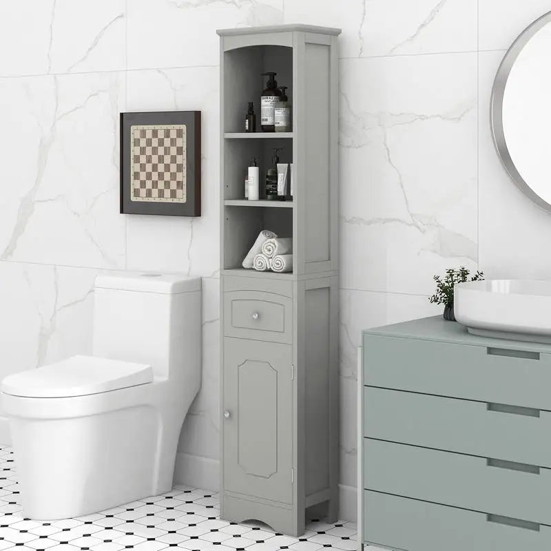 Freestanding Tall Bathroom Storage Cabinet, MDF with Drawer, Adjustable Shelf, Grey Finish