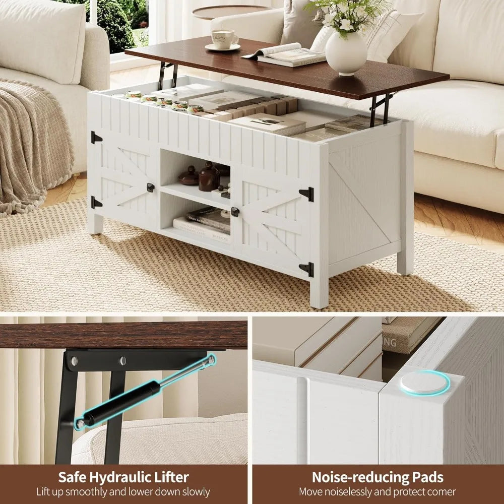 Lift Top Coffee Table with Storage - White Coffee Tables for Living Room, Farmhouse Wood Center Table