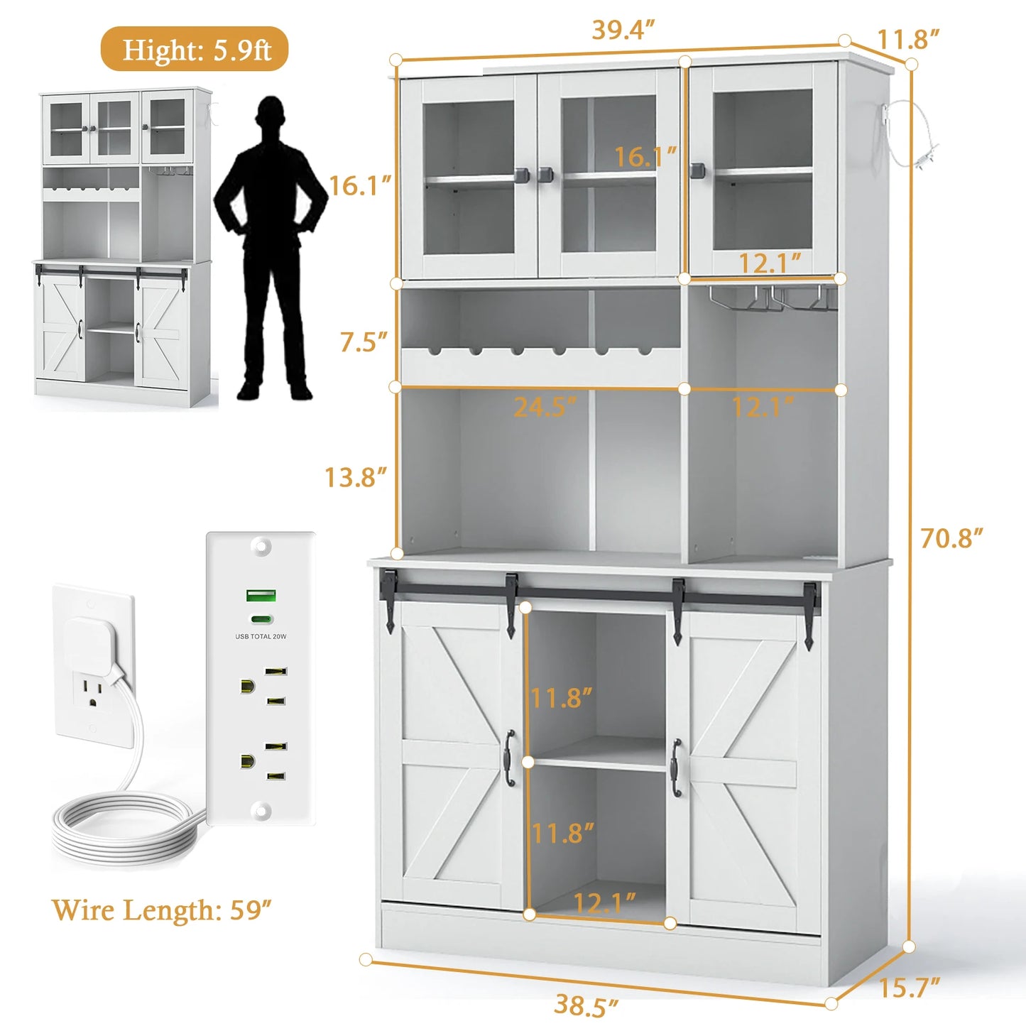 Kitchen Pantry Storage Cabinet | Tall Freestanding Hutch with Microwave Stand, Power Outlet, Buffet Cupboard & Glass Doors,