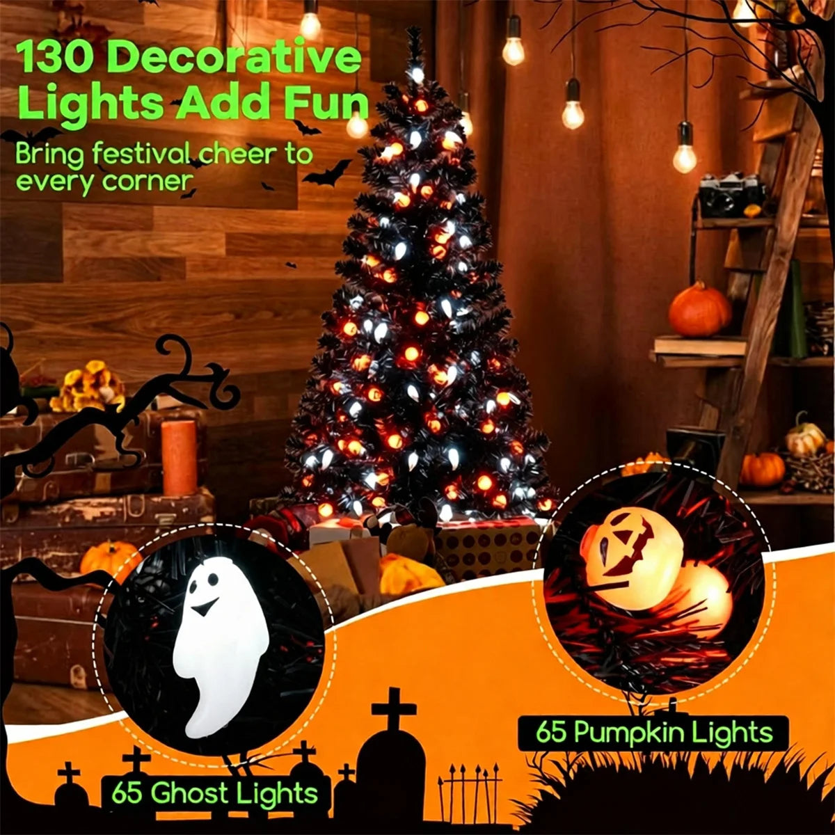 Black Halloween Tree with 65 Ghost Cold White Lights & 65 Pumpkin Orange Lights