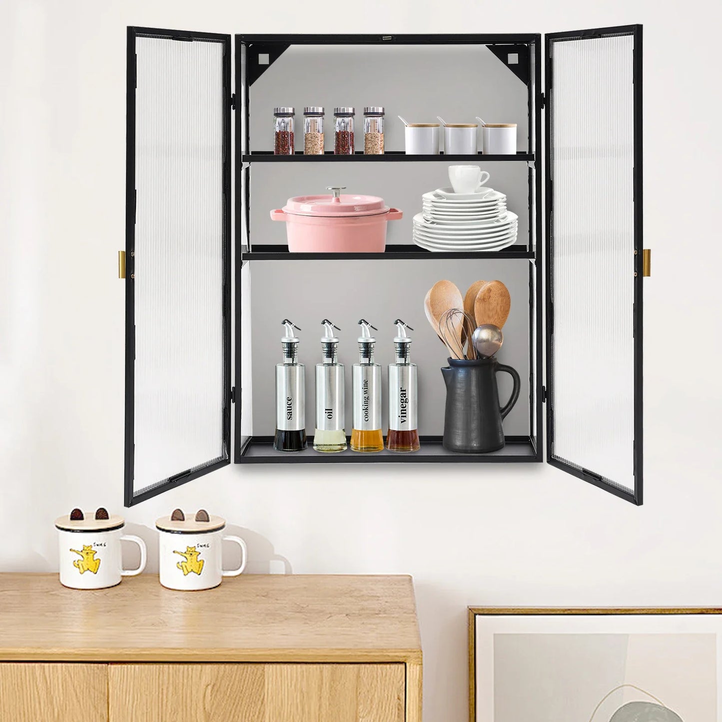 Metal Storage Cabinet with Mesh Doors, Black Wall-Mounted Cabinet with Detachable Partition for Office,Kitchen,Bathroom