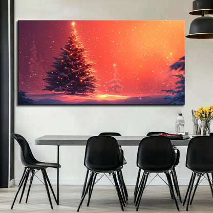 A Christmas tree landscape in a dreamy night scene, adding festive atmosphere and joy, with a 1.5 inch thick solid wood frame