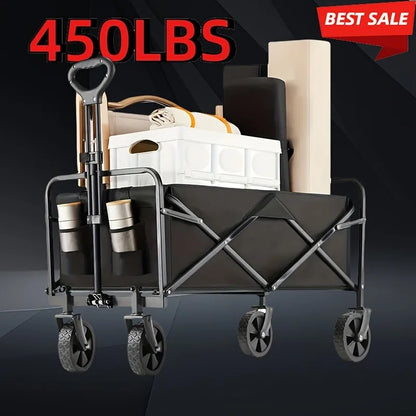 Folding Trolley, Heavy Duty Utility Portable Foldable Outdoor Beach Field Trolley with 360° All Terrain Wheels, Side Bag