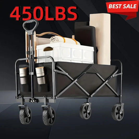 Folding Trolley, Heavy Duty Utility Portable Foldable Outdoor Beach Field Trolley with 360° All Terrain Wheels, Side Bag