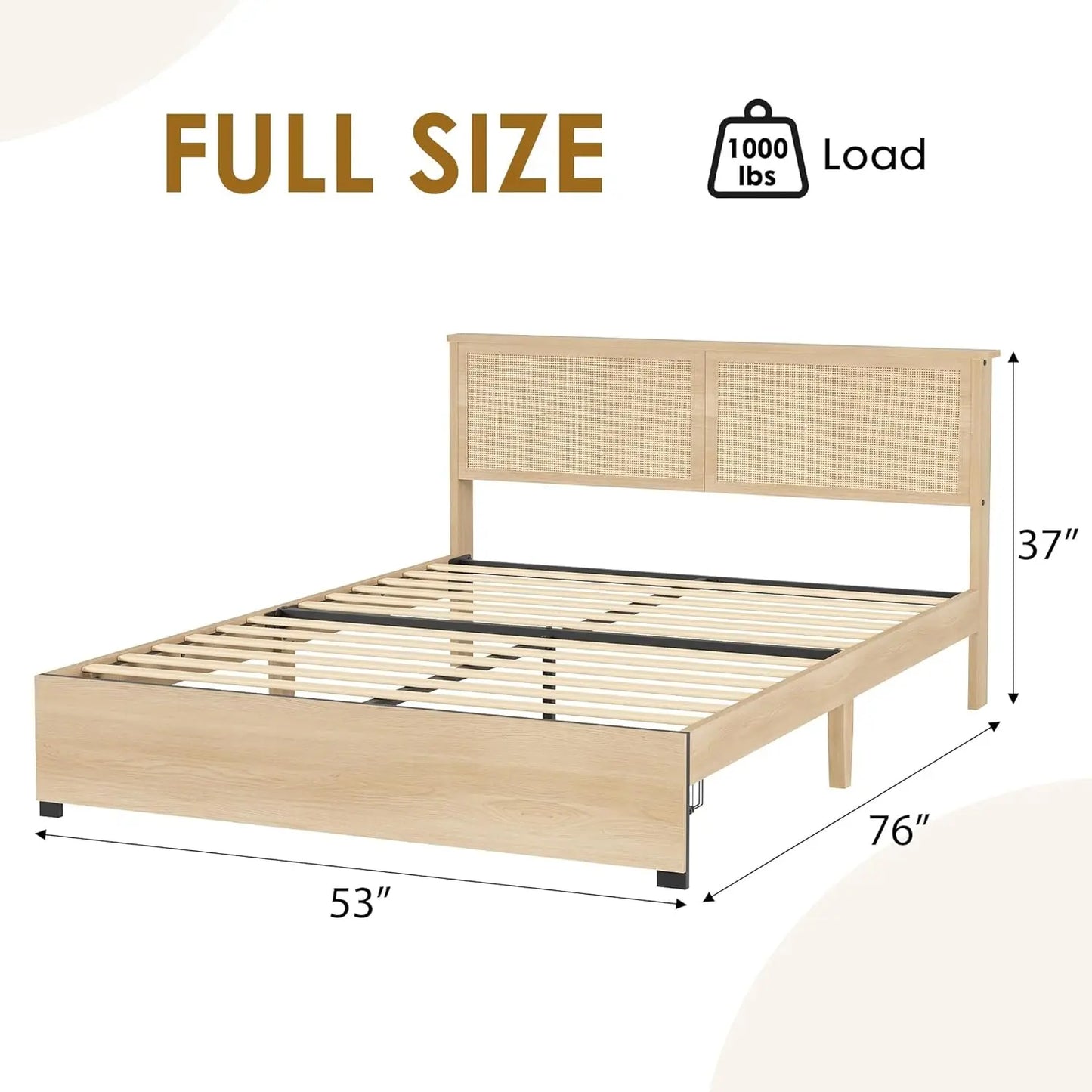 Rattan Bed Frame with Headboard, Boho Cane Platform Bed Frame with Drawer, Strong Metal Slats Support