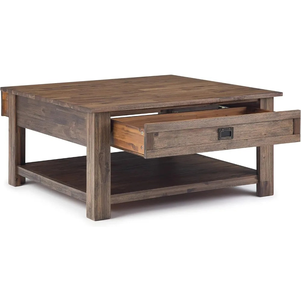 Square Coffee Table - 38 Inch Wide Solid Acacia Wood Living Room Table In Rustic Natural Aged Brown