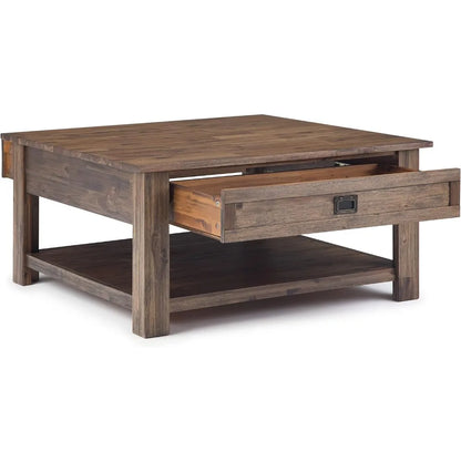 Square Coffee Table - 38 Inch Wide Solid Acacia Wood Living Room Table In Rustic Natural Aged Brown