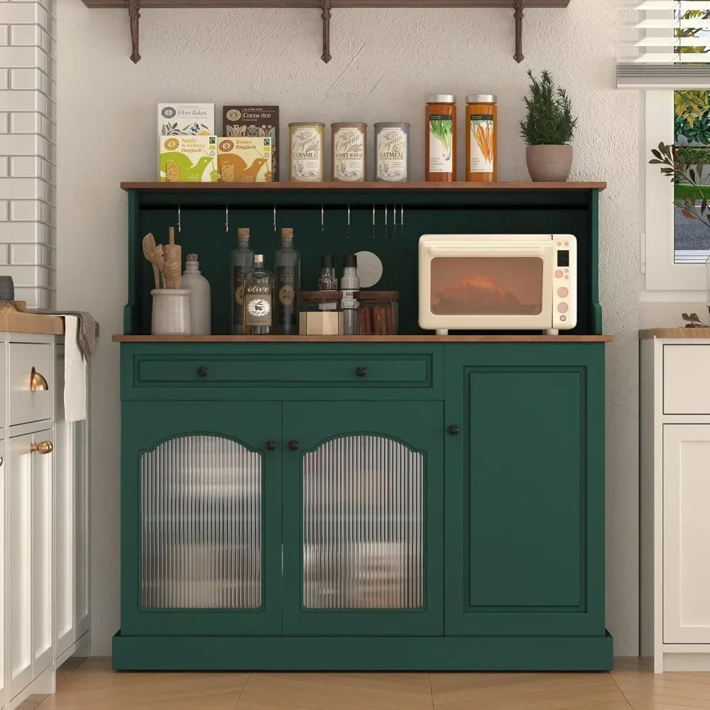 Coffee Bar Cabinet with Glass Doors, Wood Kitchen Pantry Cabinet with Glass Doors, Green Microwave Cabinet Kitchen Cabinets