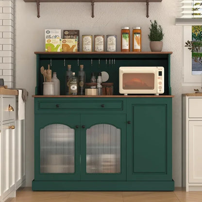 Coffee Bar Cabinet with Glass Doors, Wood Kitchen Pantry Cabinet with Glass Doors, Green Microwave Cabinet Kitchen Cabinets
