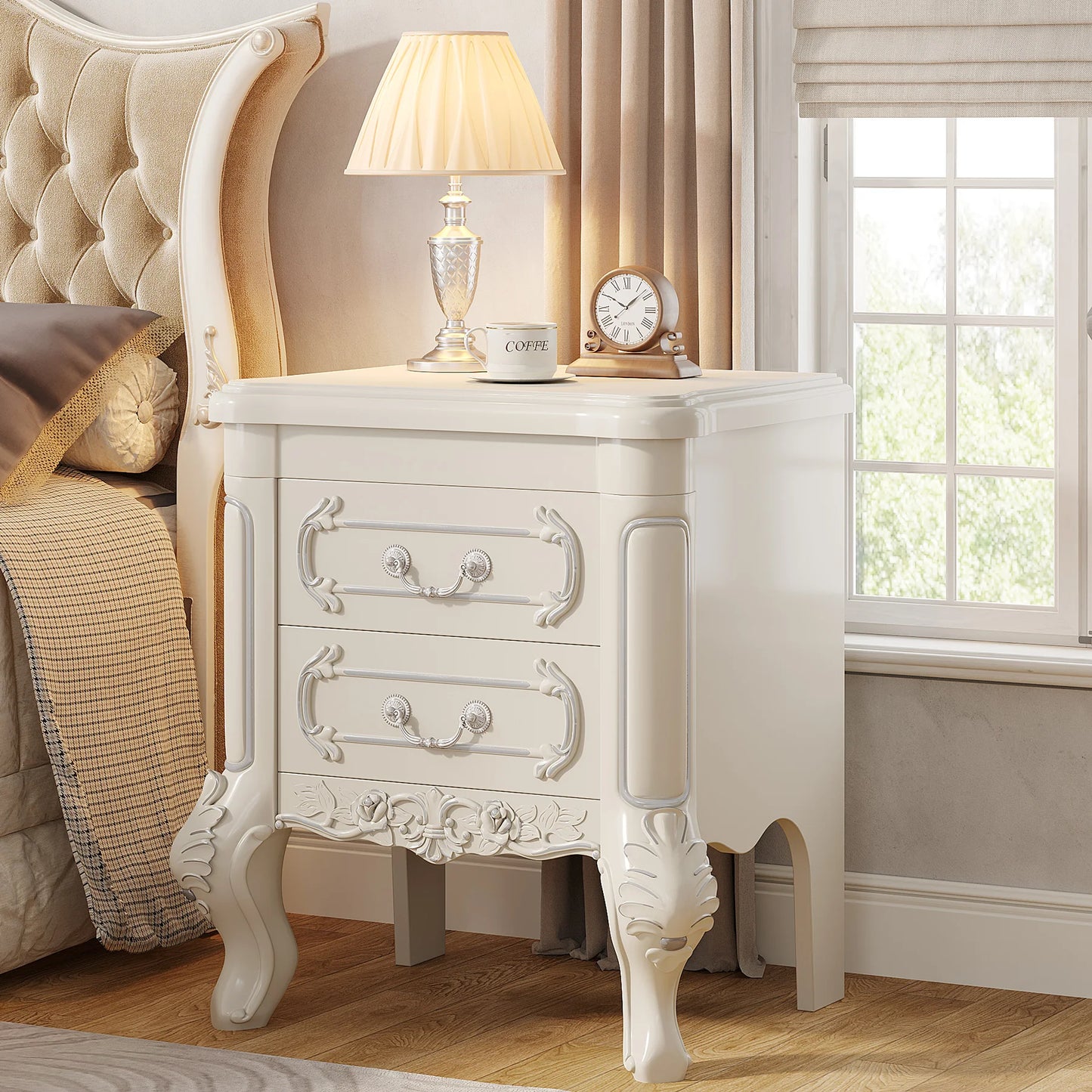 White Nightstand, End Table with 2 Drawers, Side Table