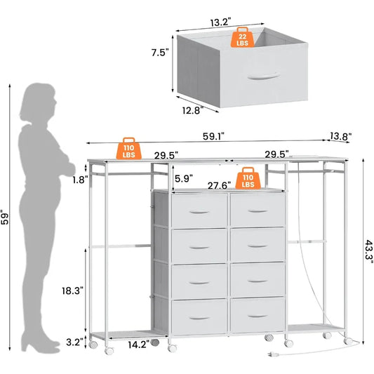 Dresser for Bedroom with Hanging Rack, 8 Drawer Dresser with LED Lights & Charging Station, Fabric Dressers Customized