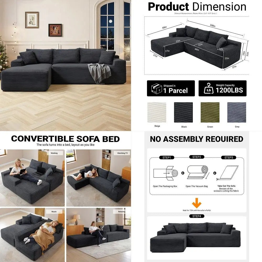Cloud Sectional Couch, Modern Modular Sectional Sofa with Deep Seat, Corduroy Boneless Couches with L Shape Chaise for Living
